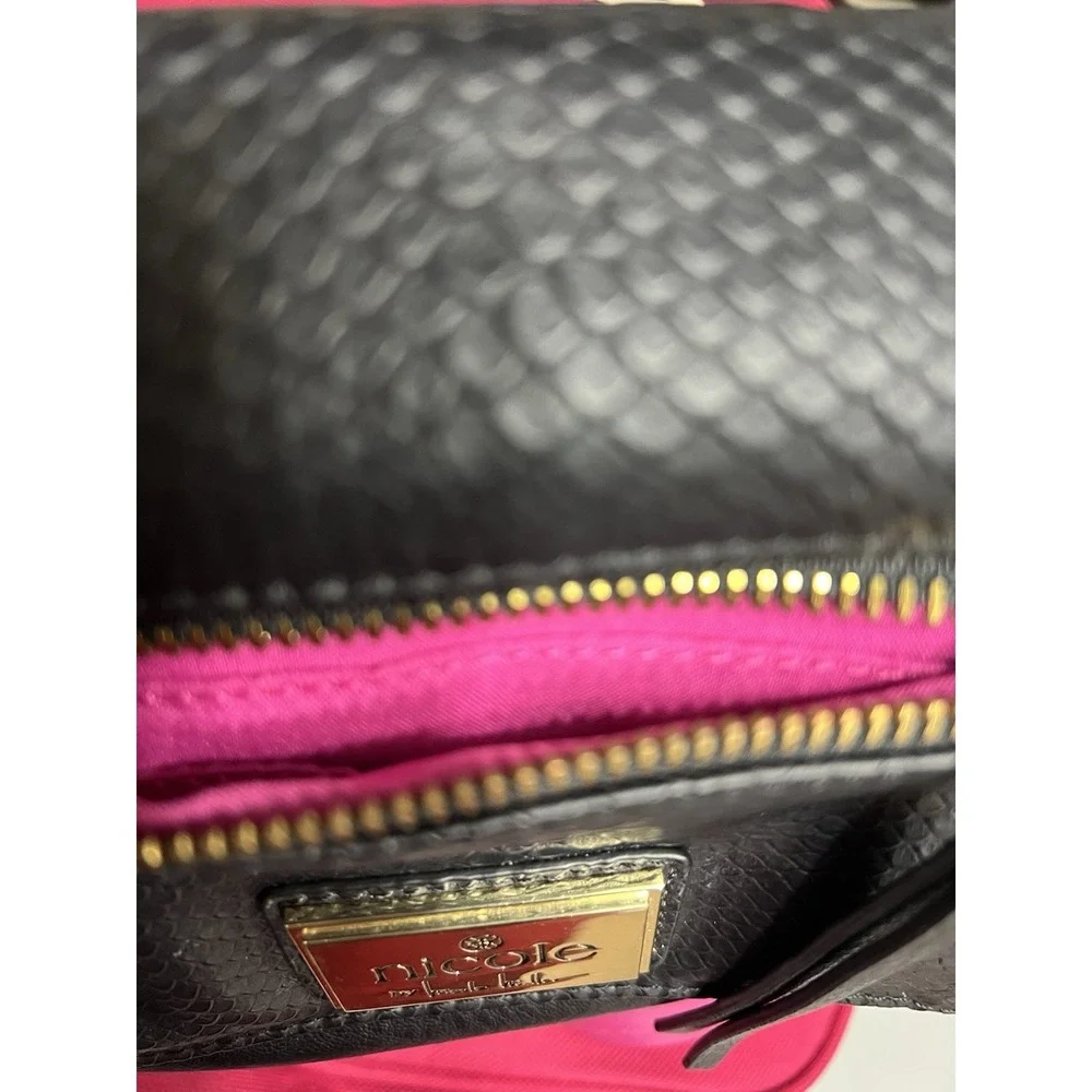 Nicole Miller Black Vegan Leather Hand‎ Satchel Bag Snake Skin Pink Lining